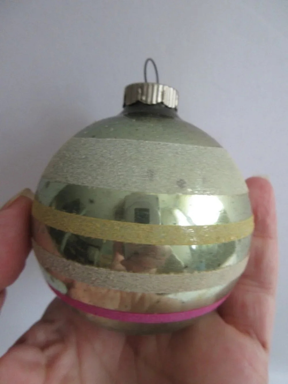 3 Shiny Brite Striped Mica Glass Christmas Ornaments Green, Pink, White Vtg